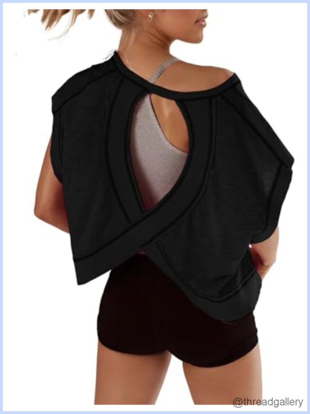 Women's Open Back Crop Top Short Sleeve Oversized Workout Tee